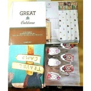 Great Outdoors Shower Curtain Red Lantern Hooks Cabin Lodge 13pc Bath Fabric NEW